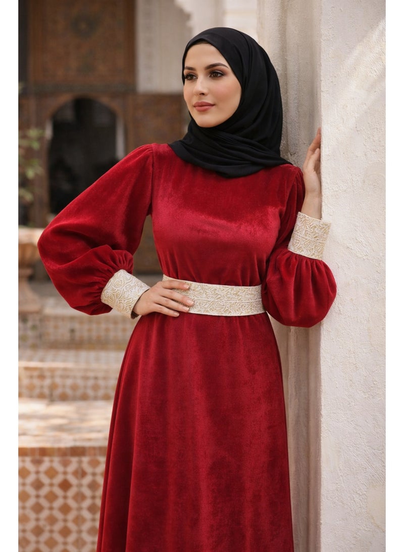 فستان إسلامي نسائي من المخمل، فستان ماكسي بأكمام طويلة مع حزام منفصل، عباية/قَفطان رسمي محتشم. - Image 2